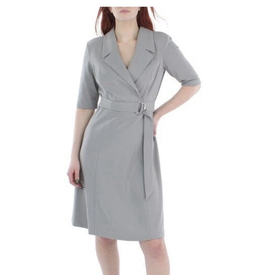 Calvin Klein Gray Wide Lapel Belted Faux Wrap Dress Size 14 Office Work Career